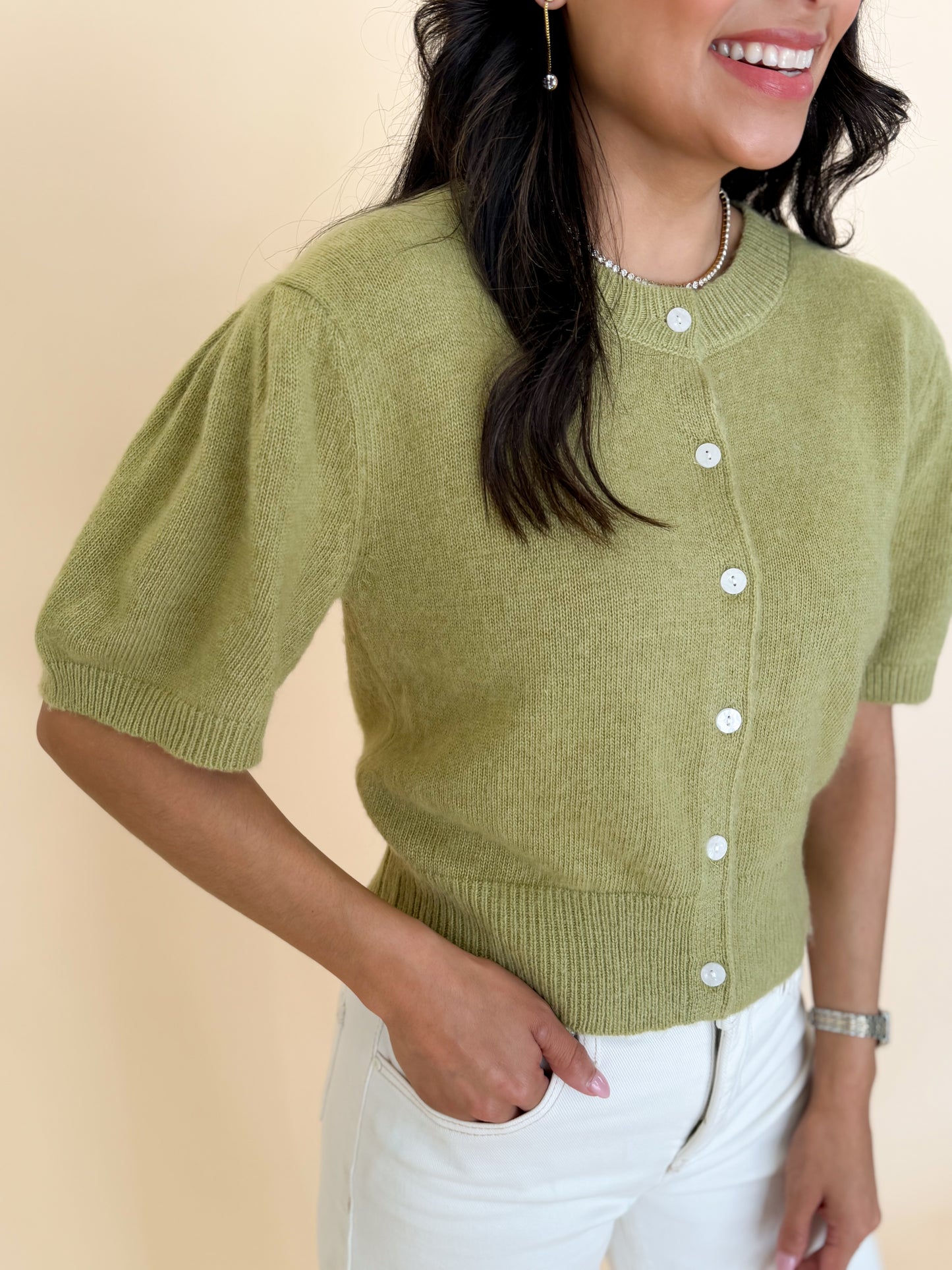 Short Sleeve Puff Sleeve Knit Cardigan Top