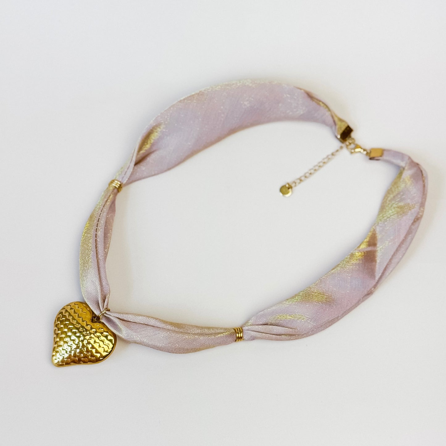 Beige Ribbon Necklace with Hammered Gold Heart Pendant