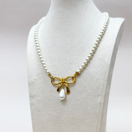 The Colette Bow Necklace – Pearl Strand with Gold Bow & Drop Pearl