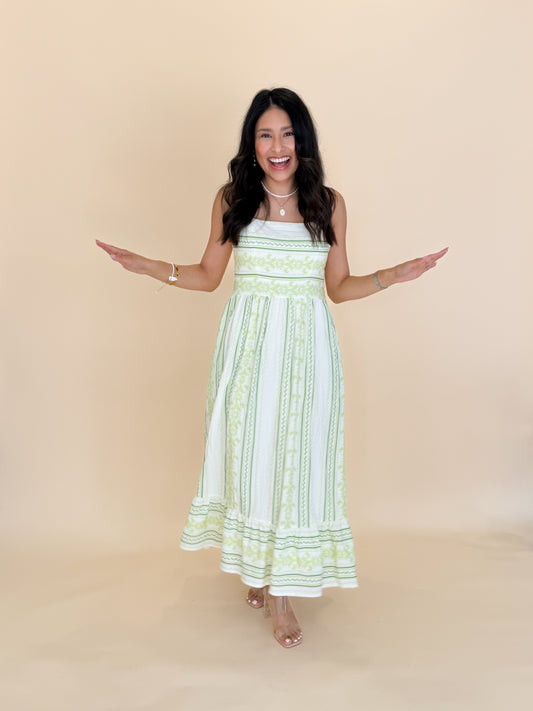 Mixed Striped Smocked Bodice Midi Dress