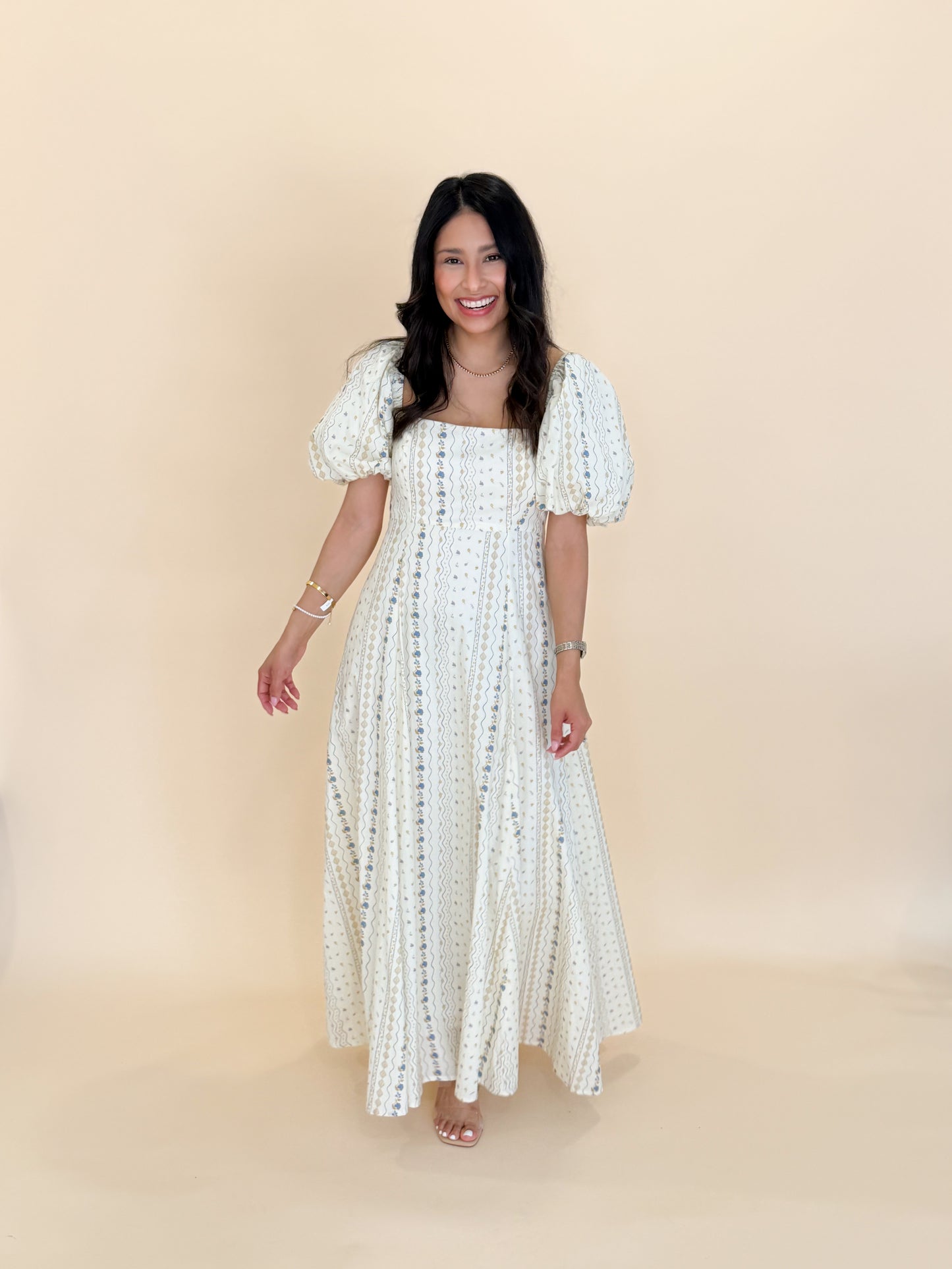 Floral Print Puff Sleeve Square Neck Midi Dress