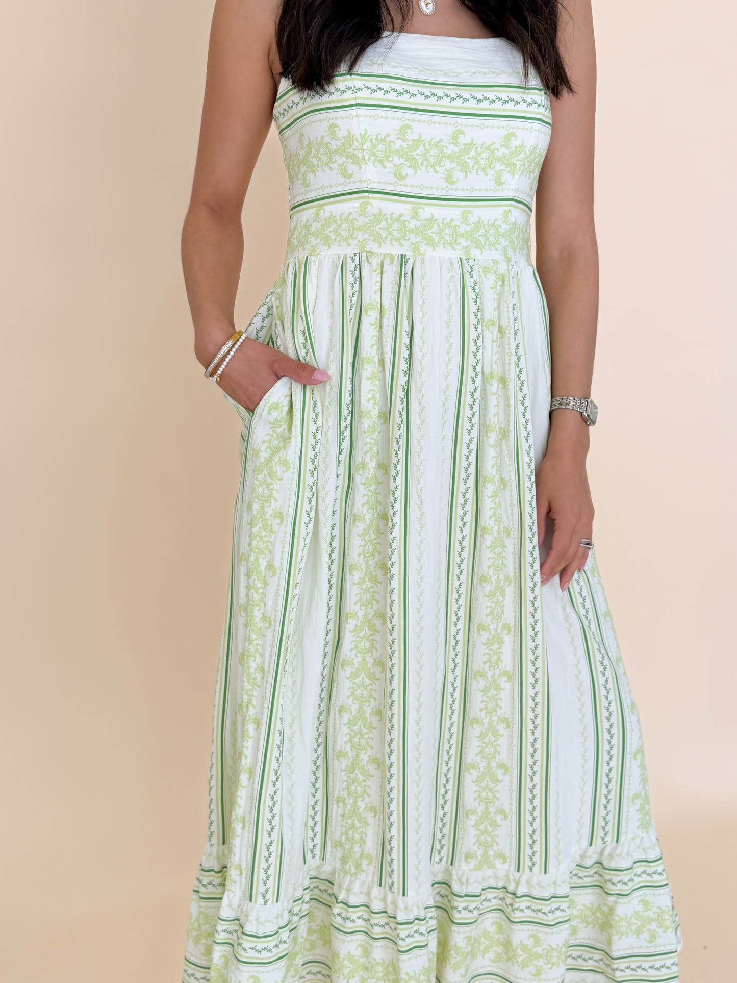 Mixed Striped Smocked Bodice Midi Dress