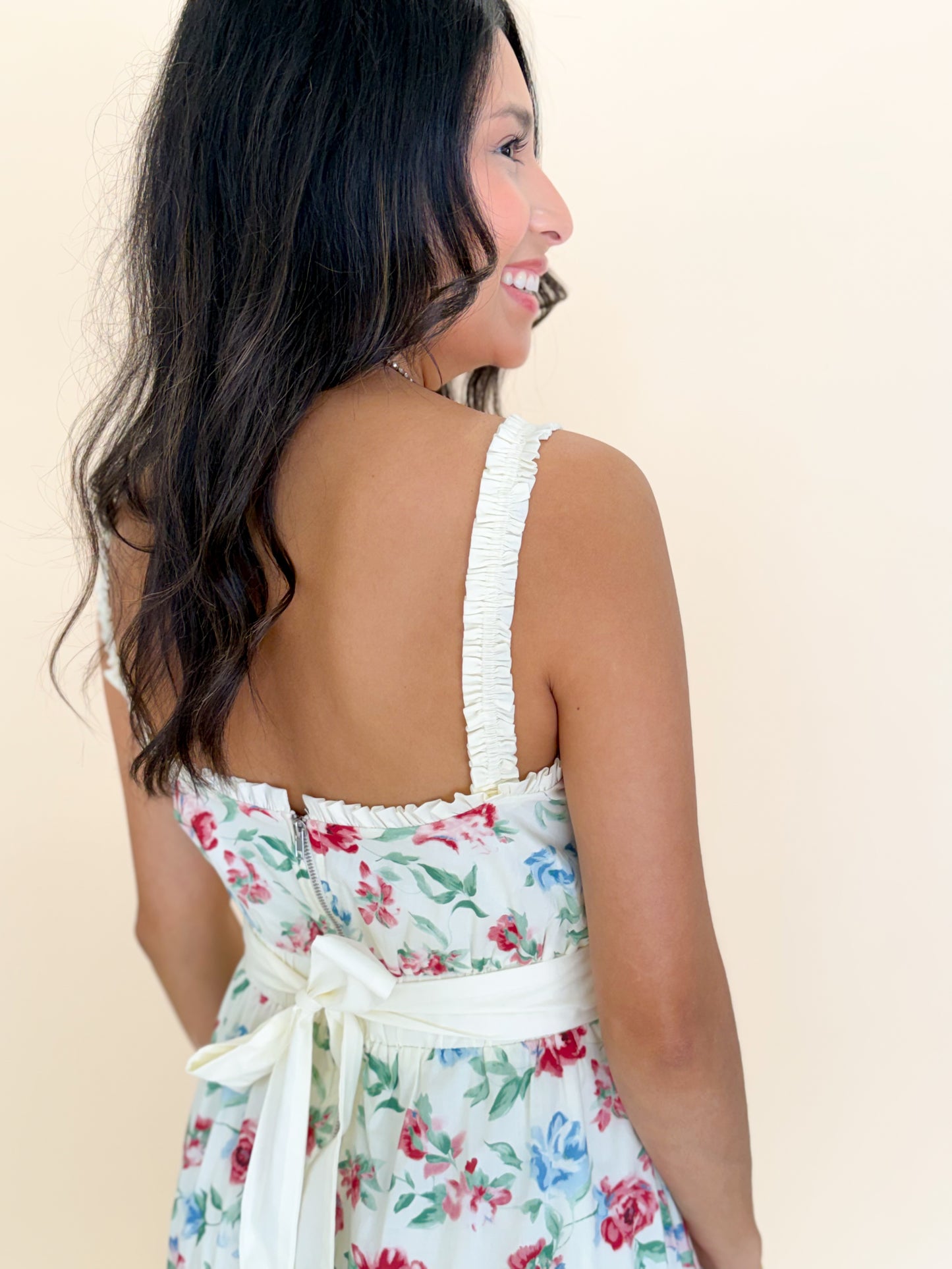 Floral Print Ruched Strap Tiered Midi Dress