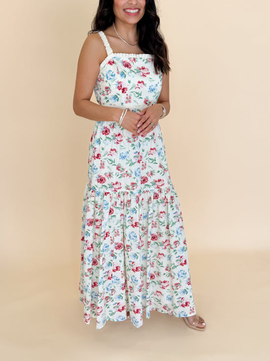 Floral Print Ruched Strap Tiered Midi Dress