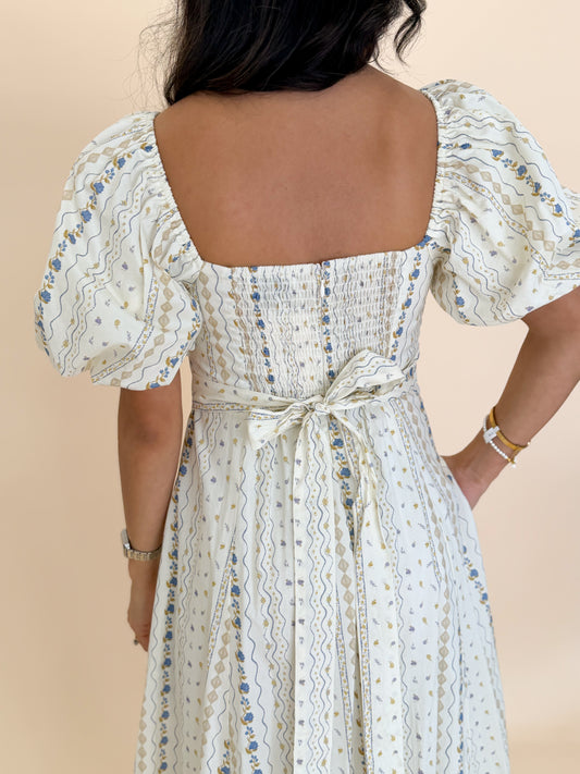 Floral Print Puff Sleeve Square Neck Midi Dress