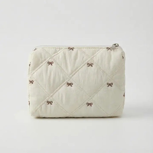 Quilted Bow Embroidery Cosmetic Bag