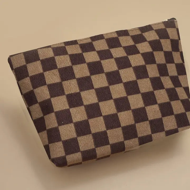 Brown Checkered Cosmetic Bag