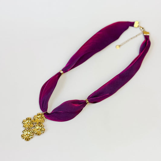 Wine Ribbon Necklace with Gold Floral Cross Pendant