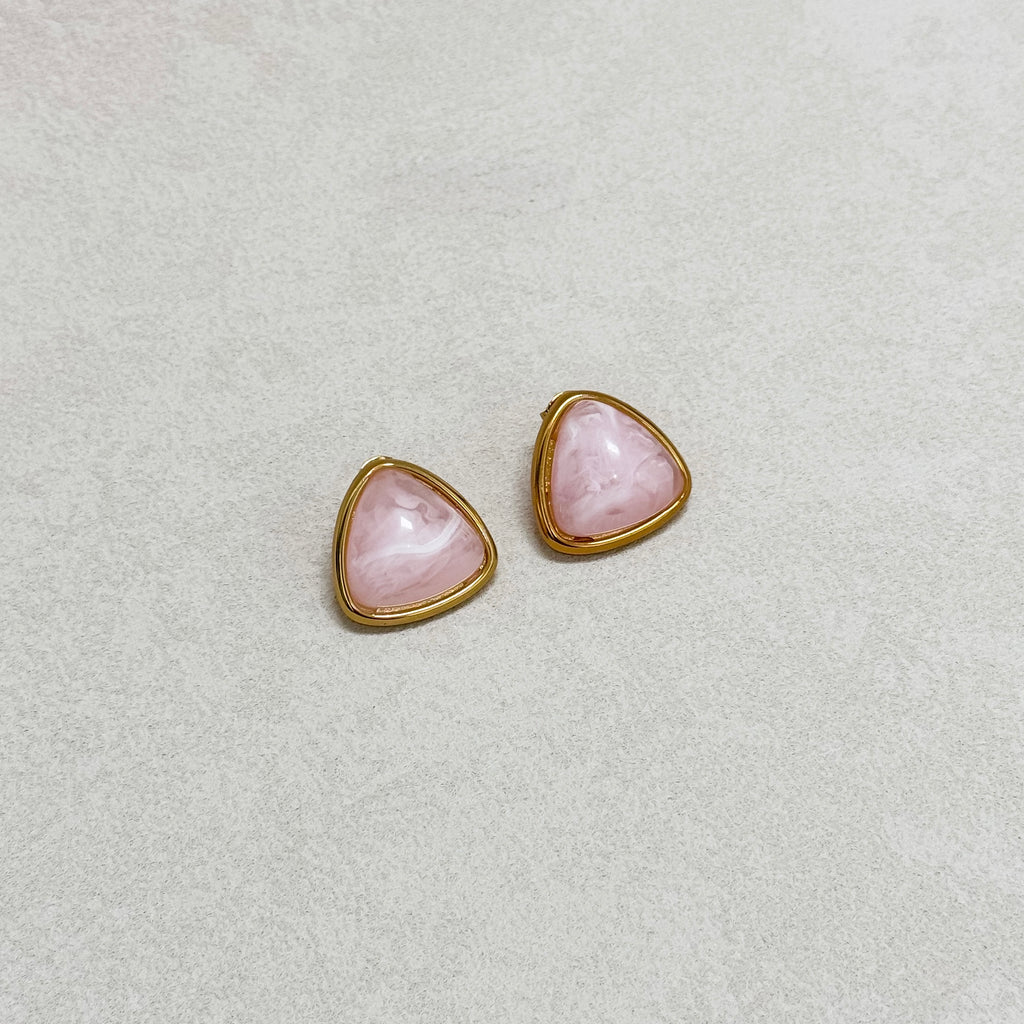 Pink Quartz Molten Stone Triangle Stud Earrings