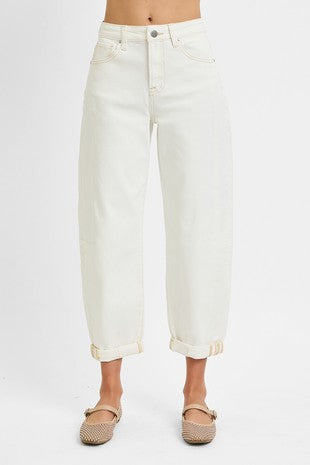 Cream High Rise Barrel Jeans