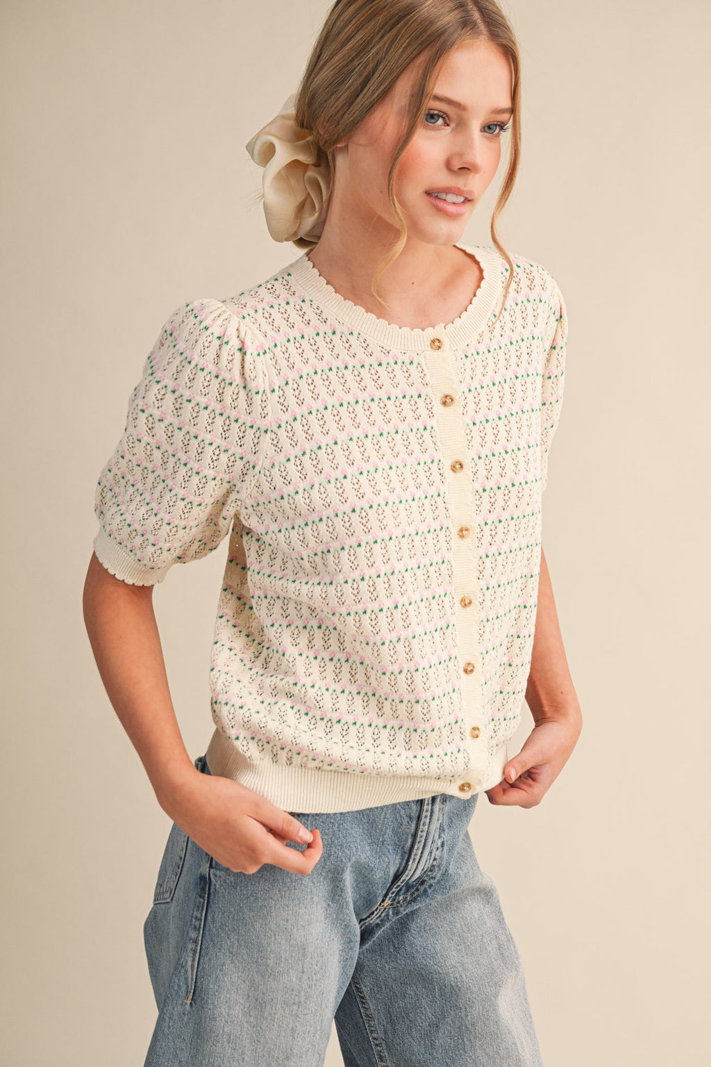 Pointelle Puff Sleeve Sweater