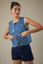 Flower Pocket Denim Vest