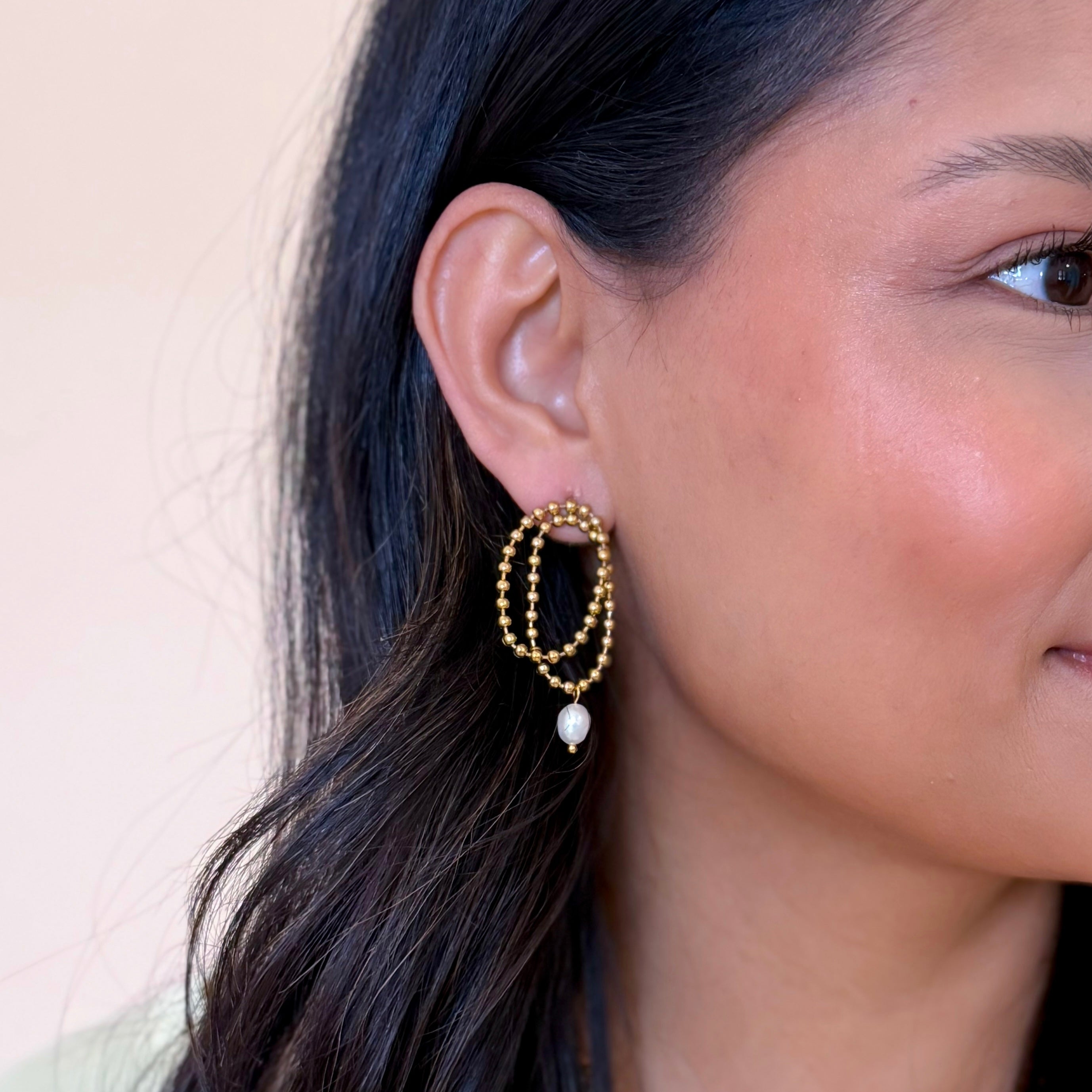 Golden Beaded Pearl Hoop Earrings