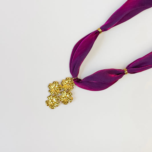 Wine Ribbon Necklace with Gold Floral Cross Pendant