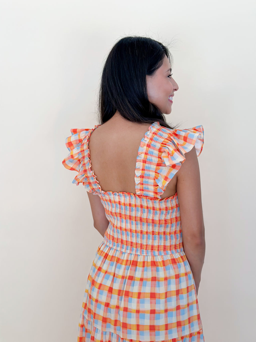 Orange Plaid Flutter Midi Dress