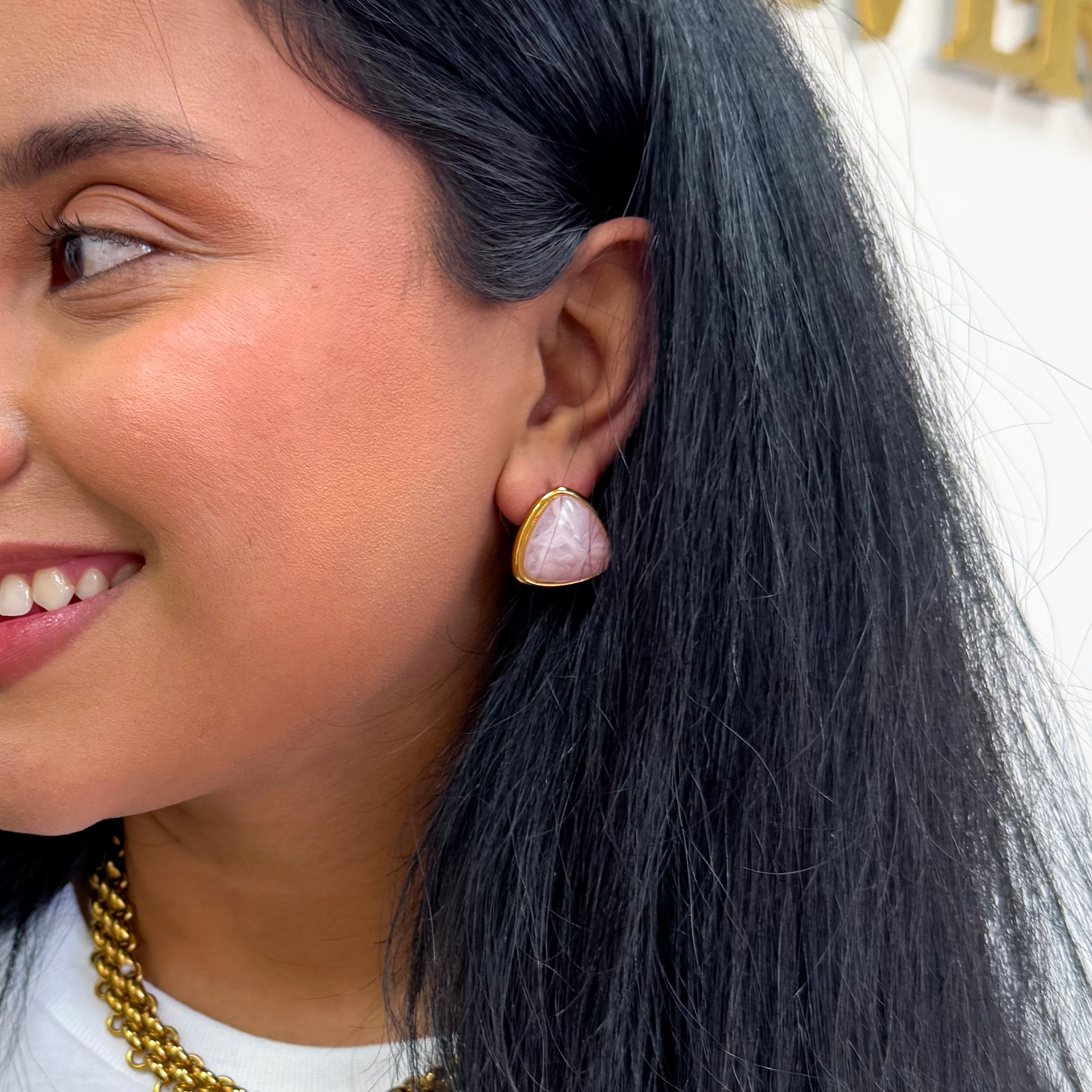 Pink Quartz Molten Stone Triangle Stud Earrings