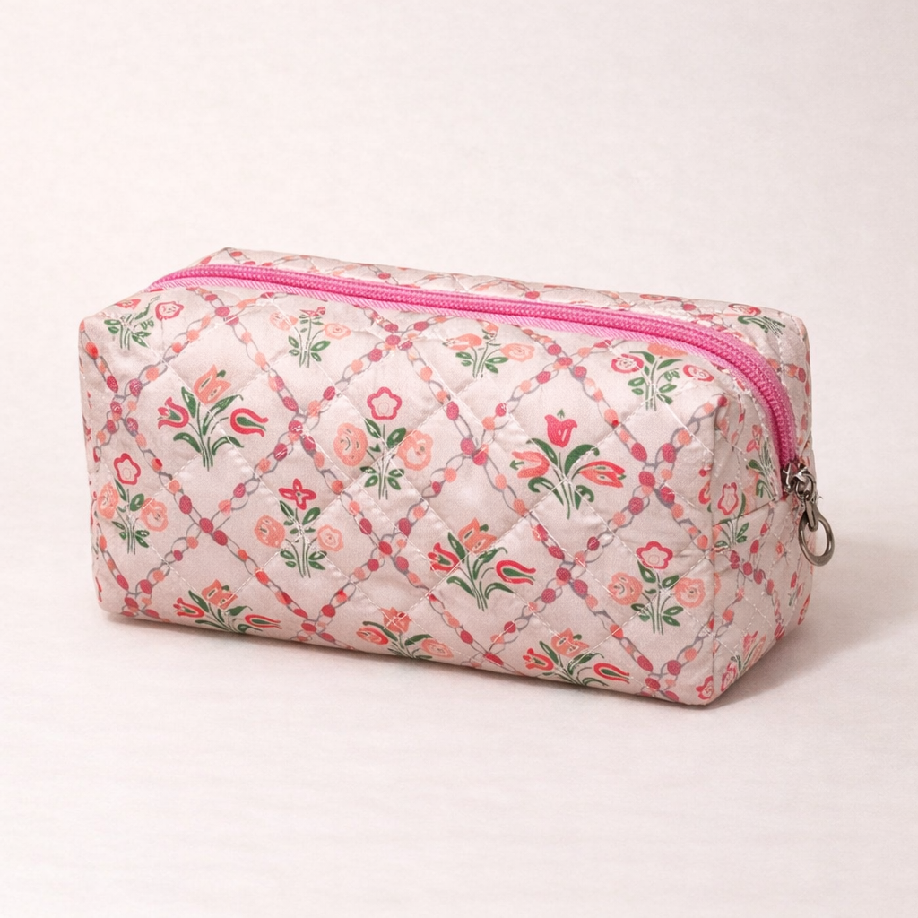 Quilted Cosmetic Pouch – Pink Floral