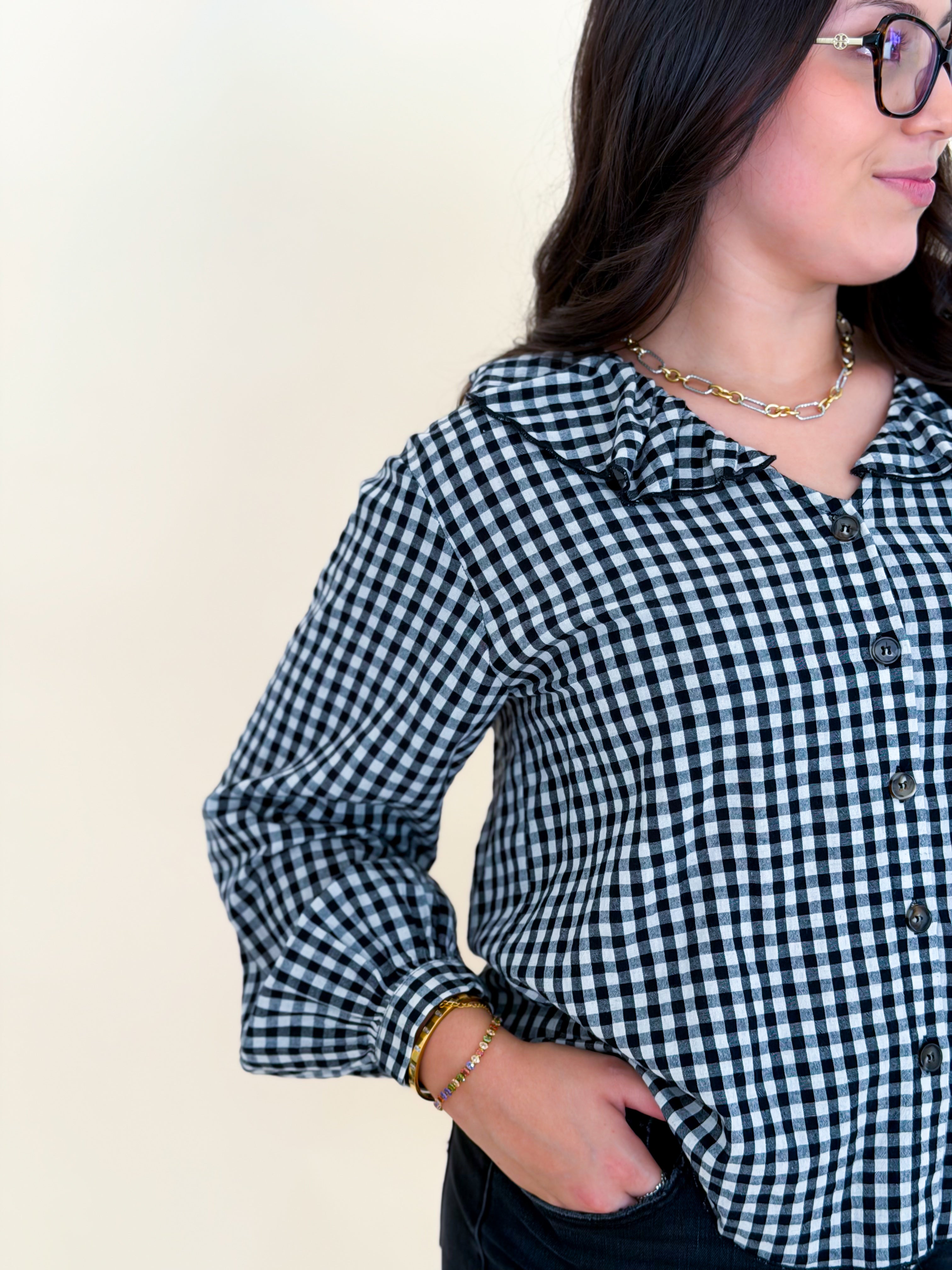 Gingham Ruffle Collar Blouse