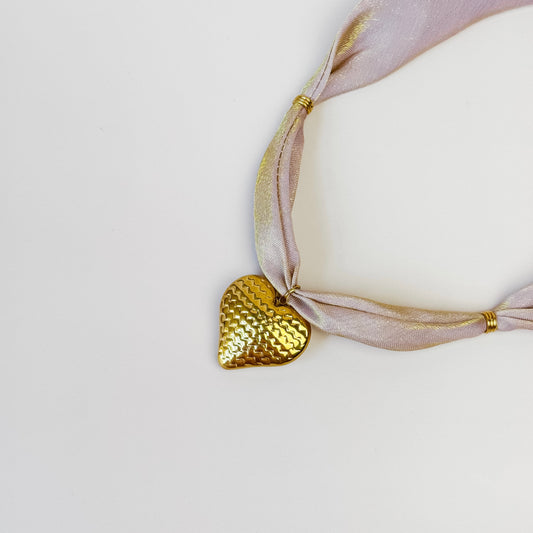 Beige Ribbon Necklace with Hammered Gold Heart Pendant