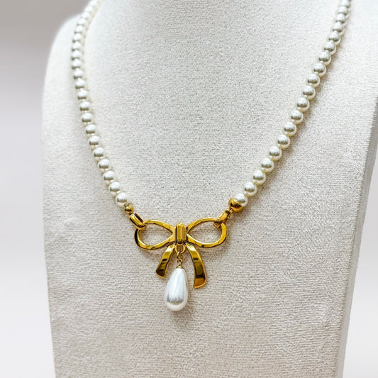 The Colette Bow Necklace – Pearl Strand with Gold Bow & Drop Pearl