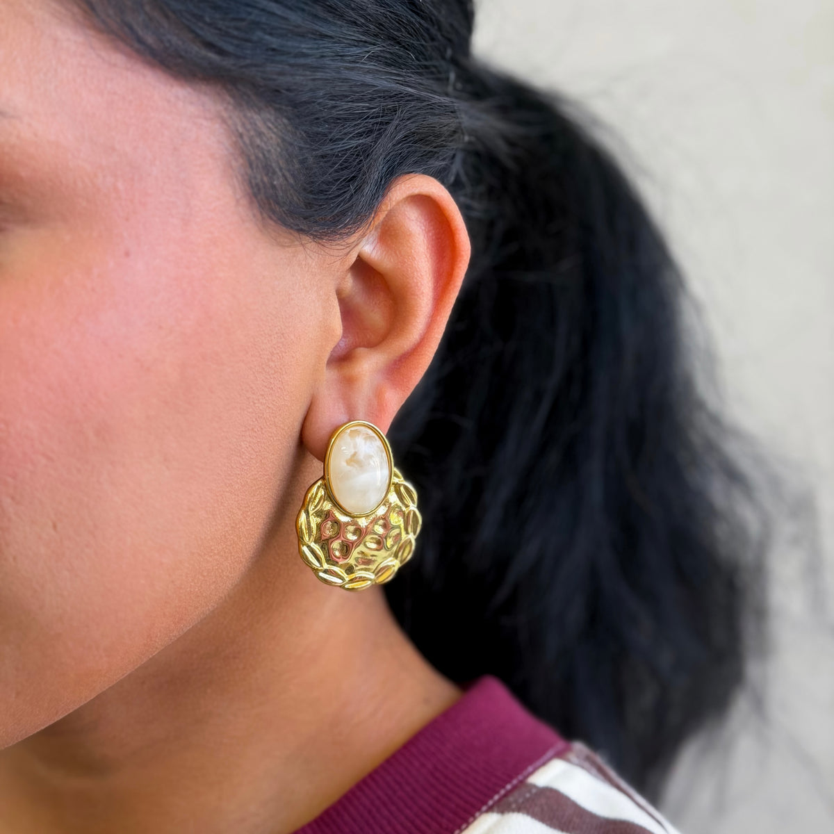 Luxe Cabochon Statement Earrings in Ivory Quartz
