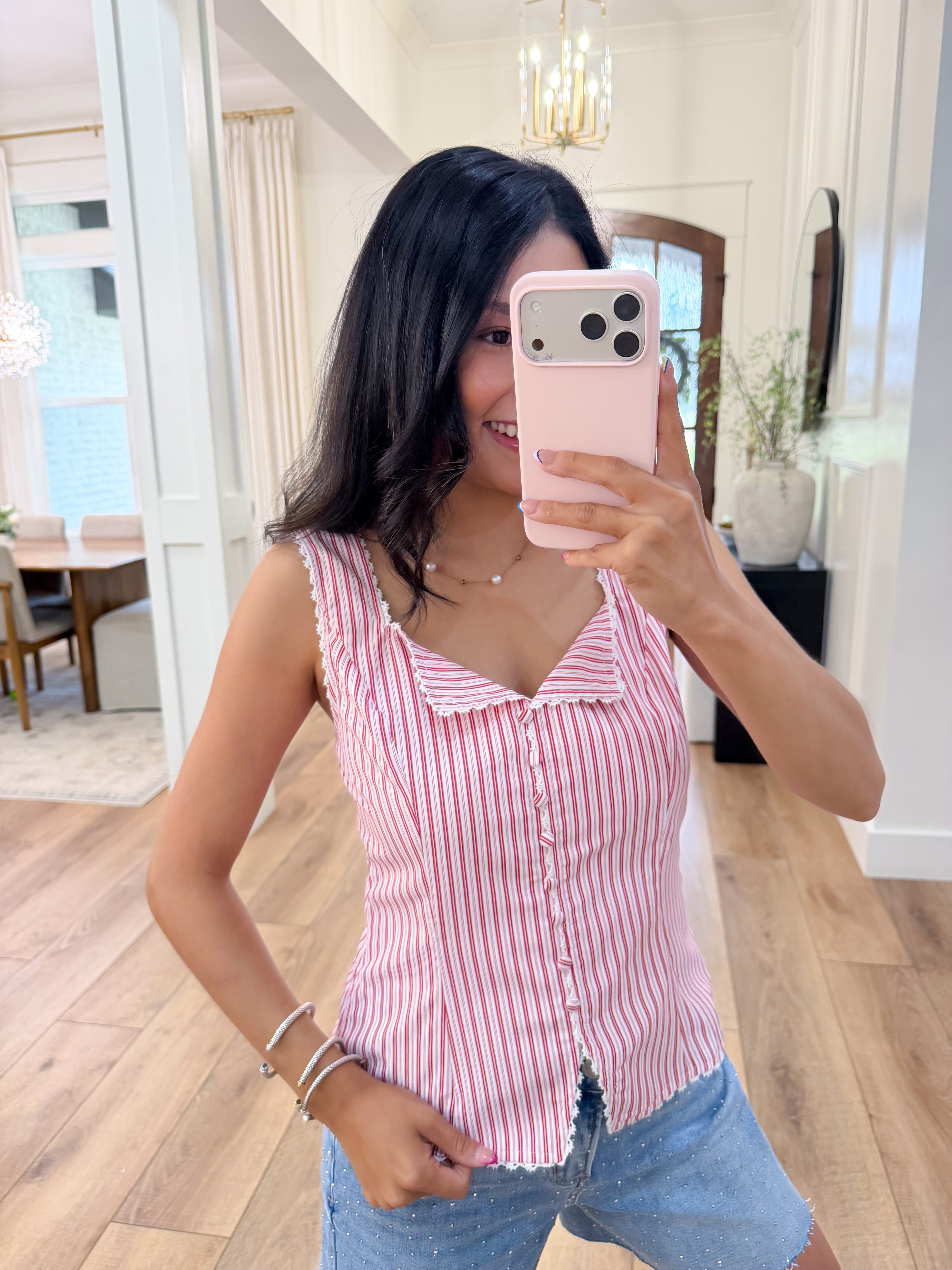 Cherry Gingham Lace Trim Top