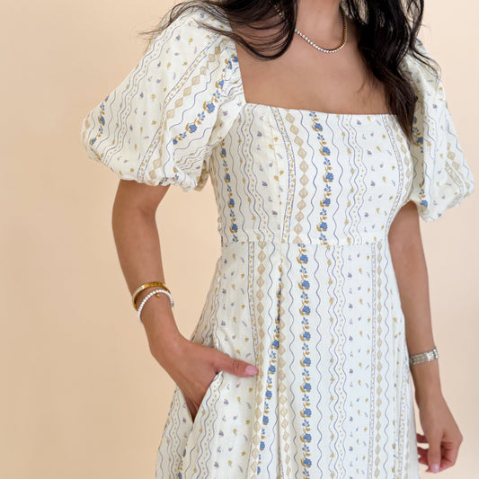 Floral Print Puff Sleeve Square Neck Midi Dress