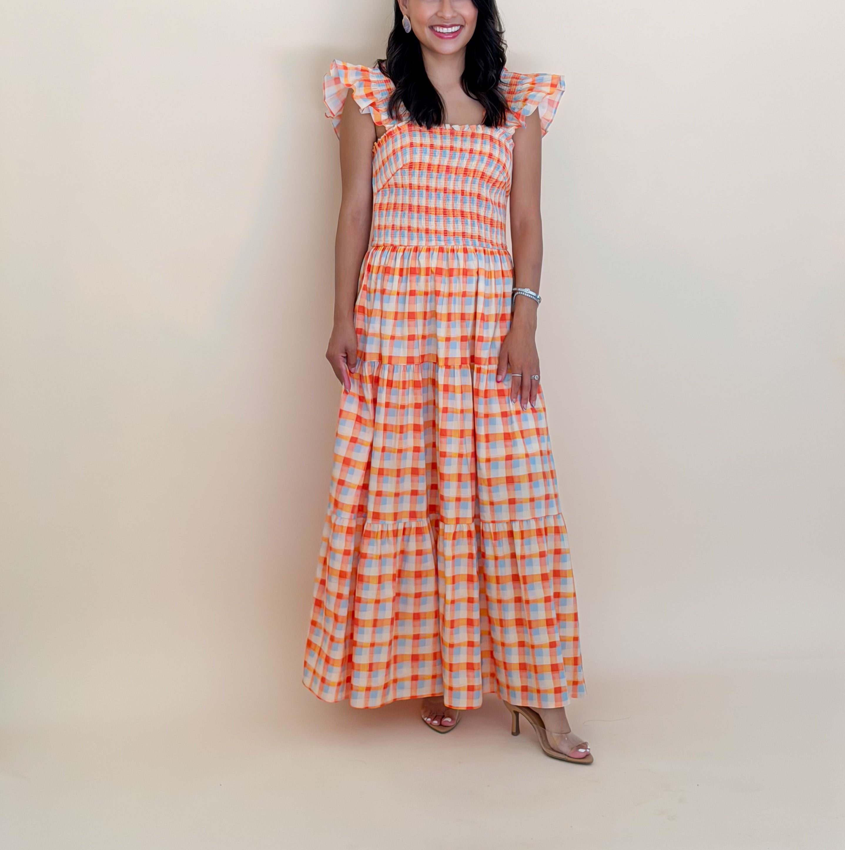 Orange Plaid Flutter Midi Dress