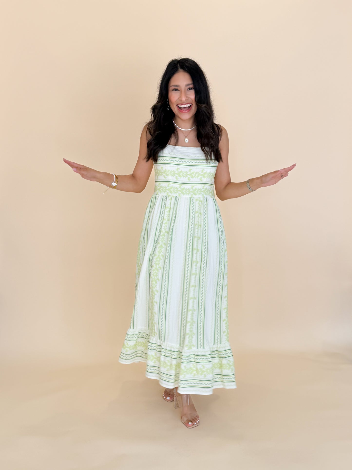 Mixed Striped Smocked Bodice Midi Dress