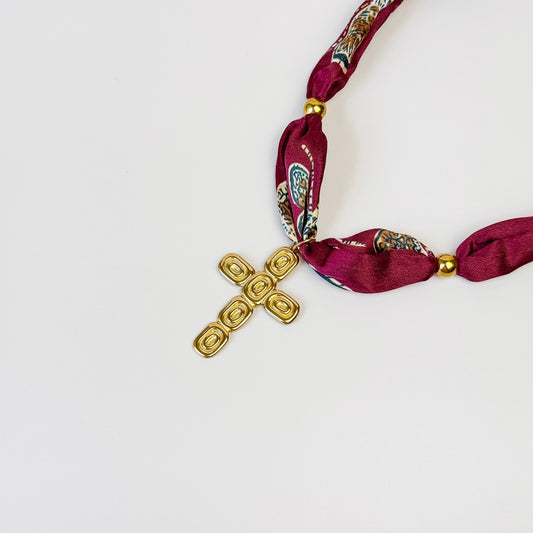 Patterned Ribbon Necklace with Gold Cross Pendant