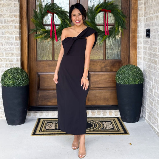 One Shoulder Bow Midi Dress