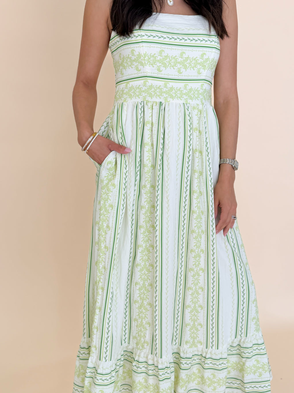 Mixed Striped Smocked Bodice Midi Dress