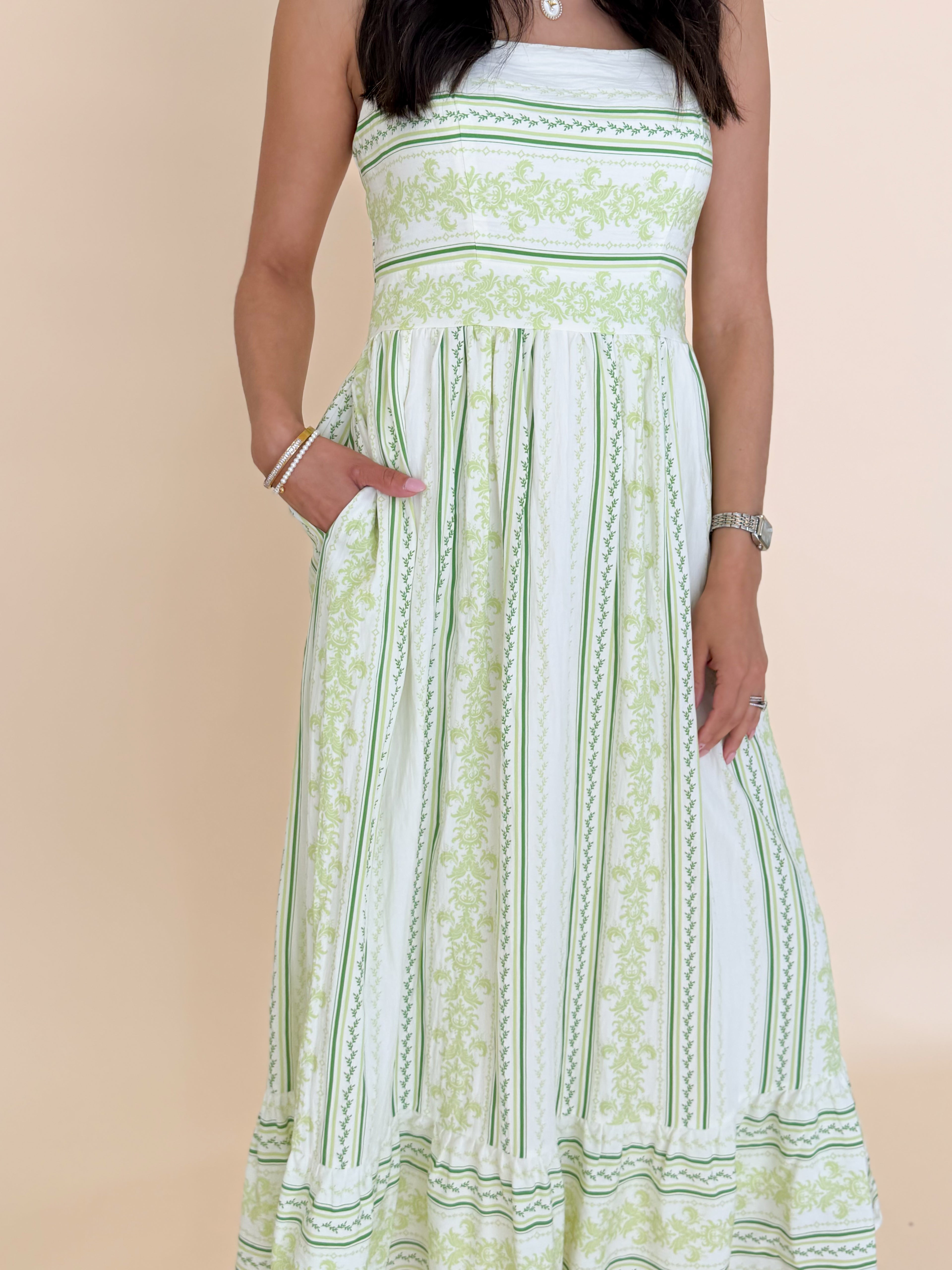 Mixed Striped Smocked Bodice Midi Dress