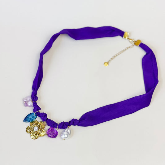 Purple Ribbon Charm Necklace with Flower Pendant