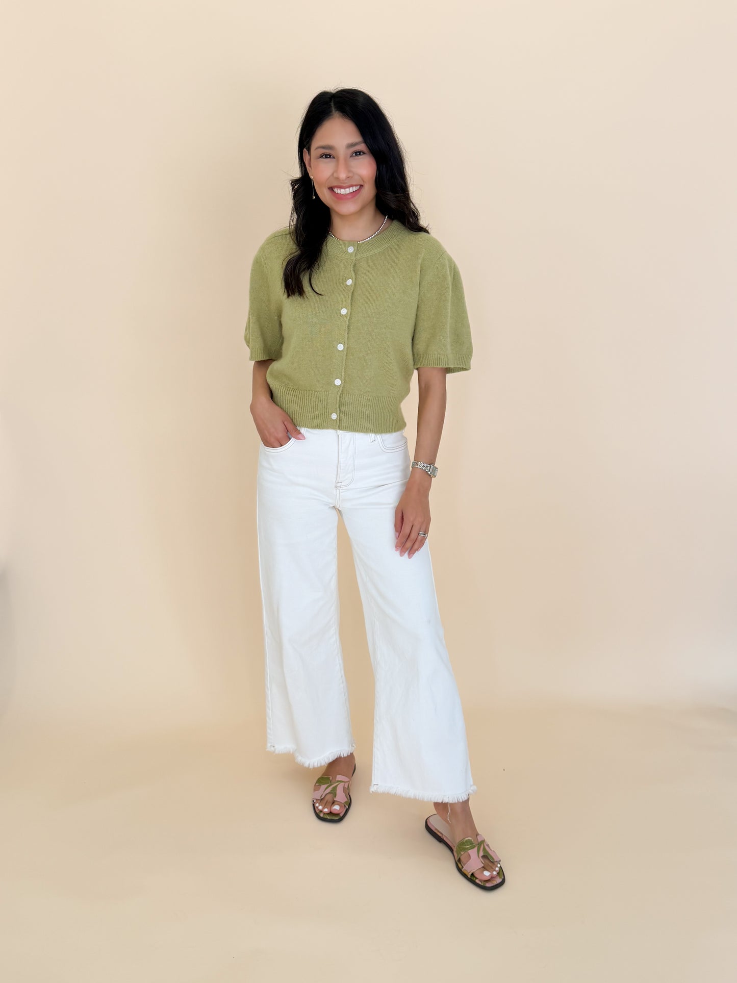 Short Sleeve Puff Sleeve Knit Cardigan Top