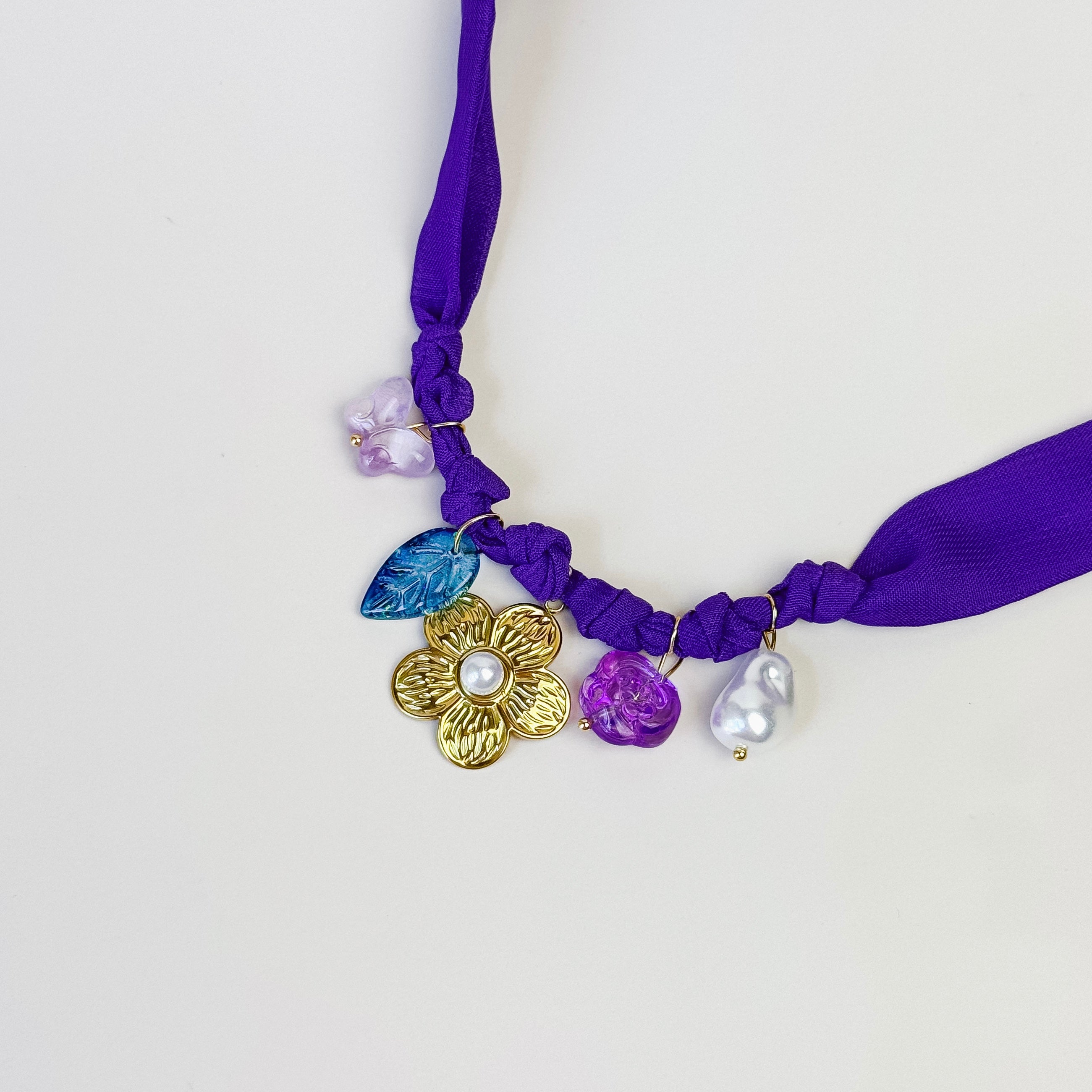Purple Ribbon Charm Necklace with Flower Pendant