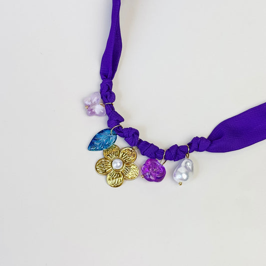 Purple Ribbon Charm Necklace with Flower Pendant