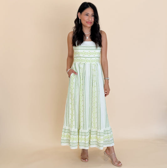 Mixed Striped Smocked Bodice Midi Dress
