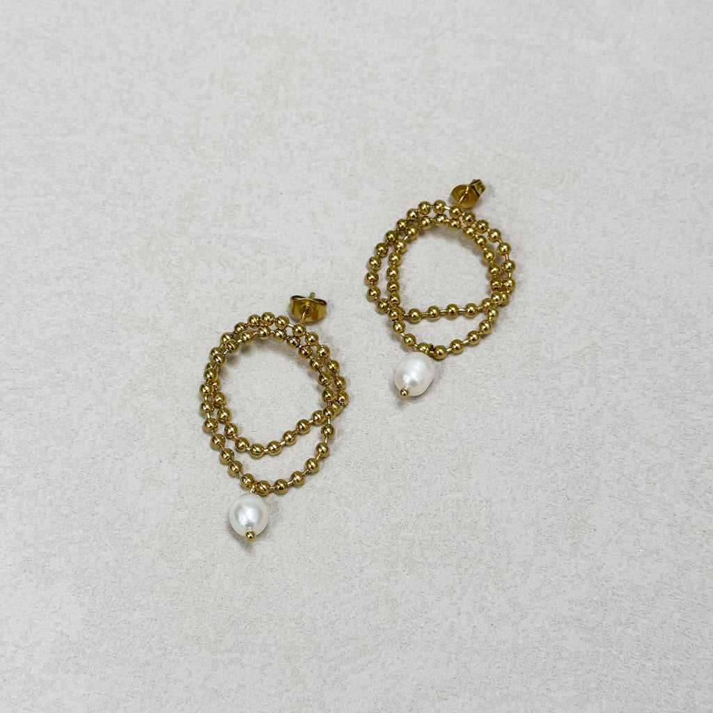Golden Beaded Pearl Hoop Earrings
