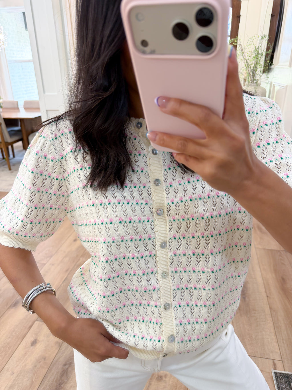 Pointelle Puff Sleeve Sweater