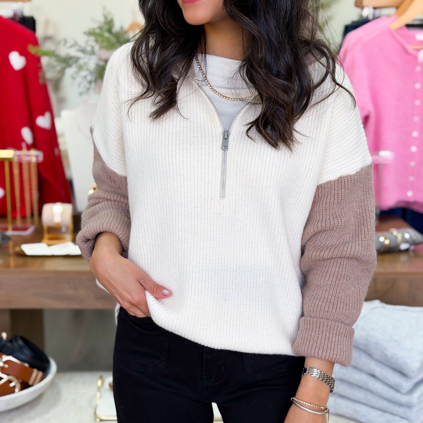 Color Block Collar Half Zipper Pullover