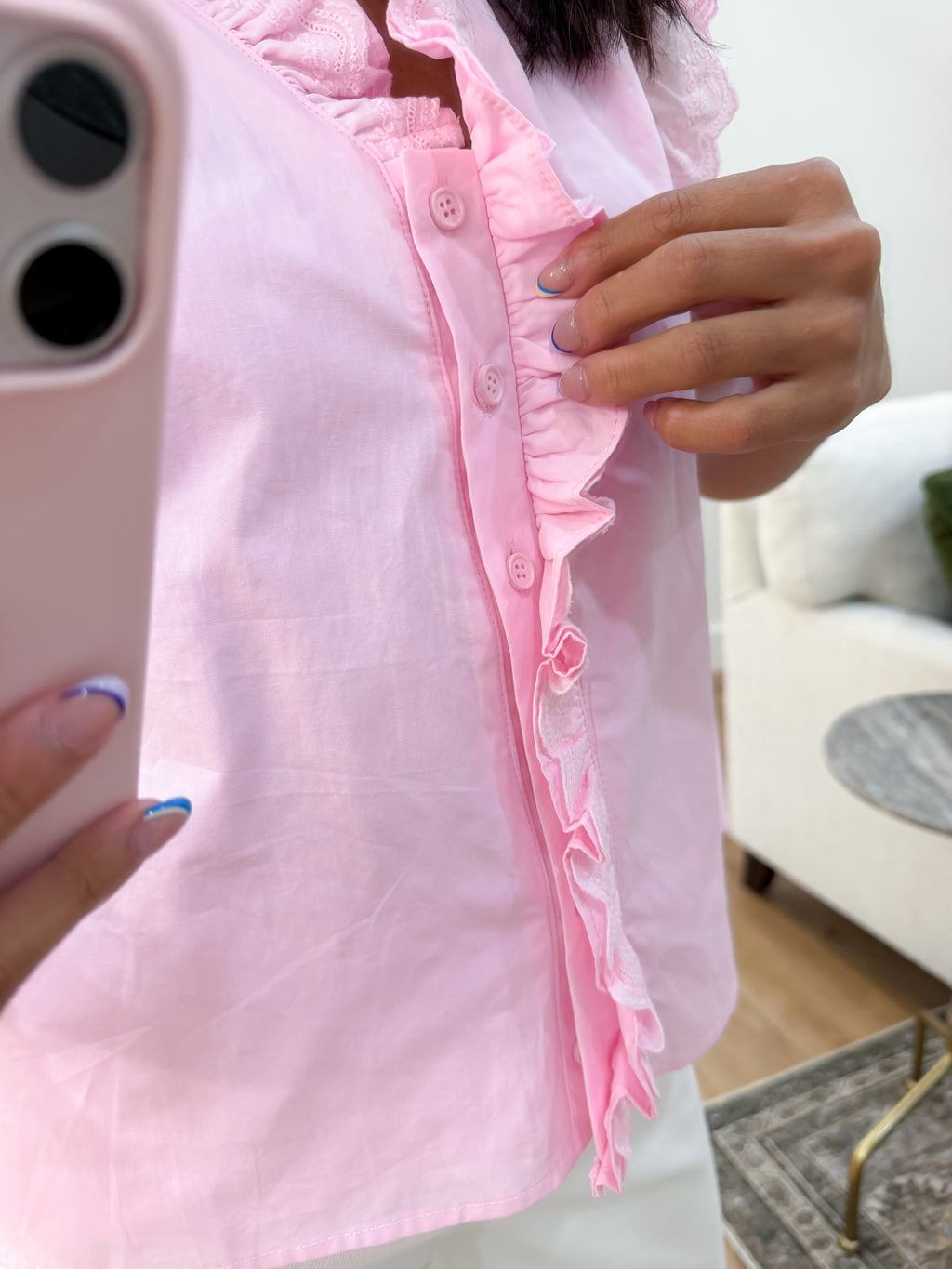 Lace Trim Ruffled Button Down