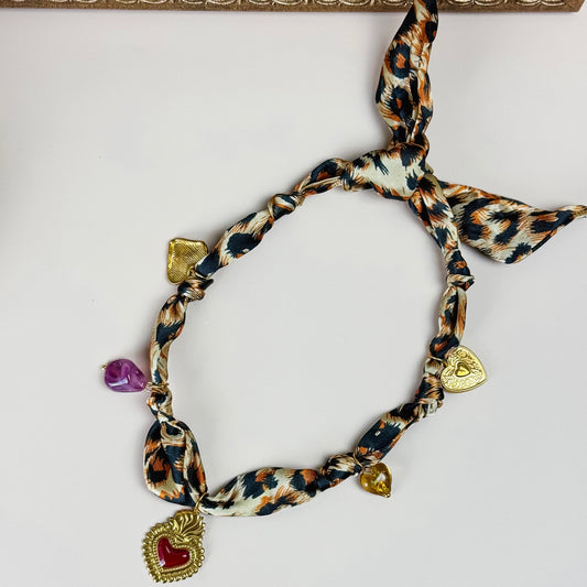 Heart Charm Leopard Scarf Necklace