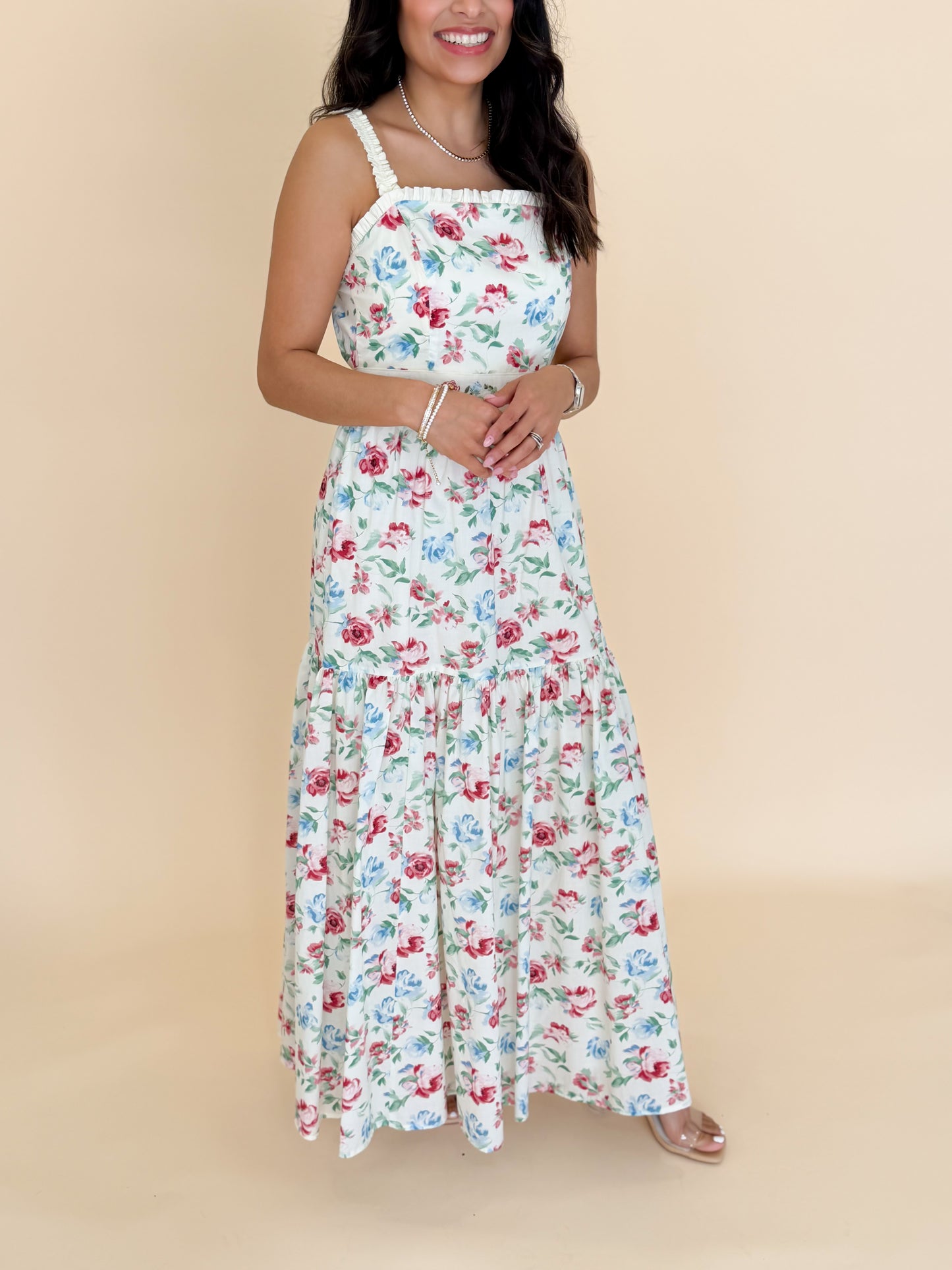 Floral Print Ruched Strap Tiered Midi Dress