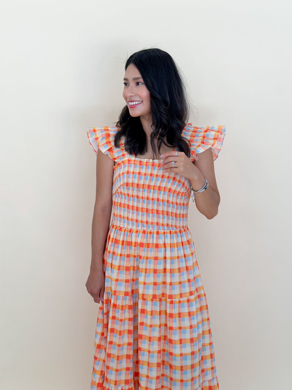 Orange Plaid Flutter Midi Dress