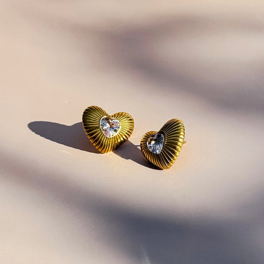 Gold Heart Stud Earrings with CZ Center