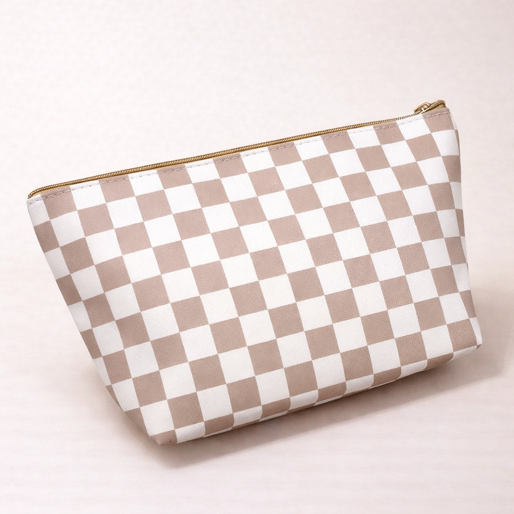 Ivory Checkered Cosmetic Bag