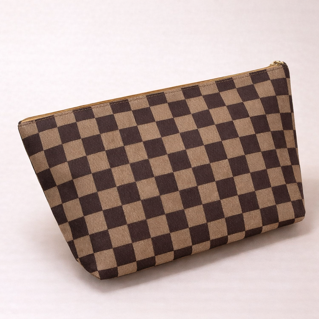 Brown Checkered Cosmetic Bag